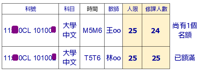 非選課期間關鍵字查詢範例